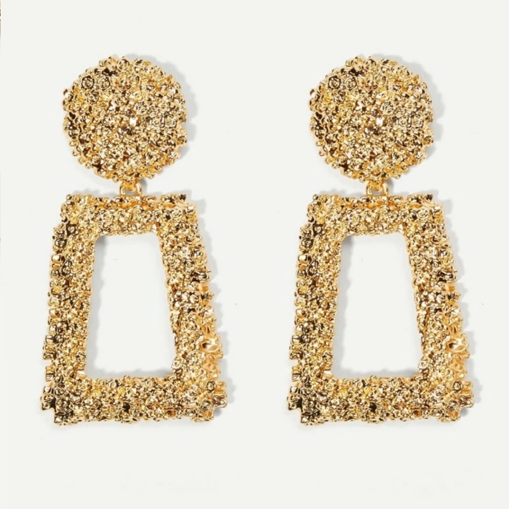 Open rectangle gold statement drop earrings